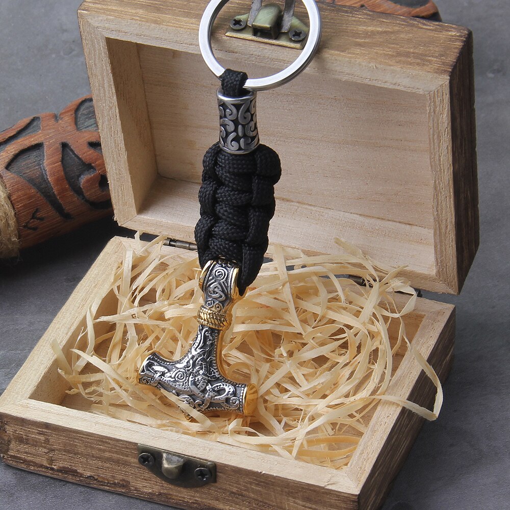 Mjölnir Paracord Bead Keychain - Mammen Art Viking Thor's Hammer 0 The Pagan Trader Mix Gold  