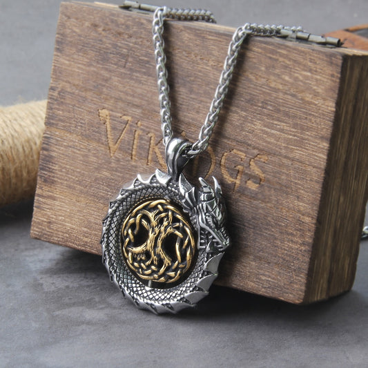 Immerse yourself in Norse mythology with 'The Malice Striker' necklace, featuring a rotating pendant with Yggdrasil and Nidhogg in an elegant dance of gold and silver.