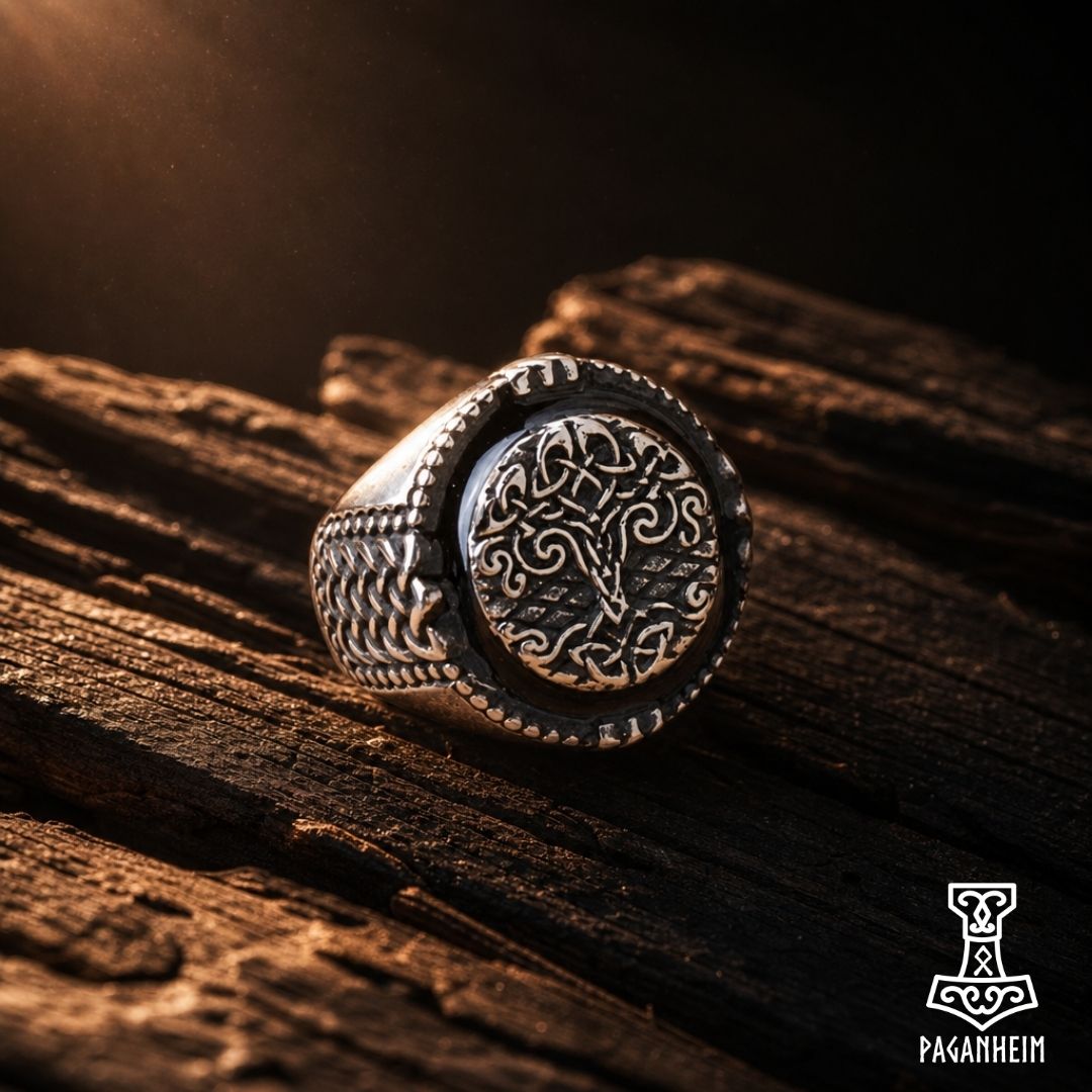 Norse ring featuring World Tree symbol with Web of Wyrd design on the band