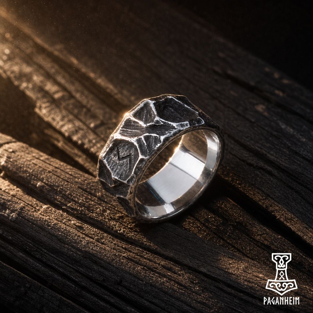 Anglo‑Saxon rune ring displayed in wooden box with straw packing