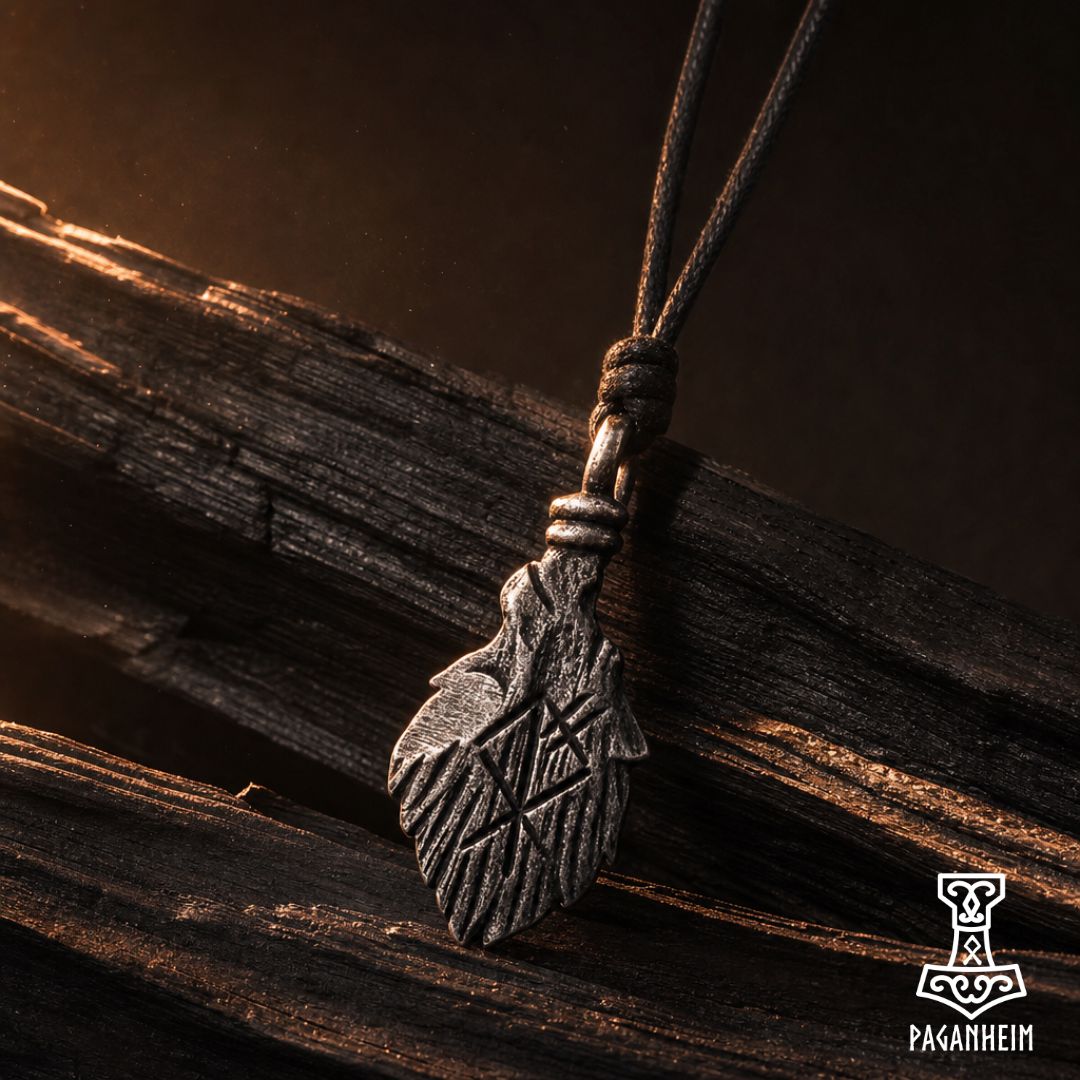 Wolf head pendant engraved with Othala rune resting on dark wood.