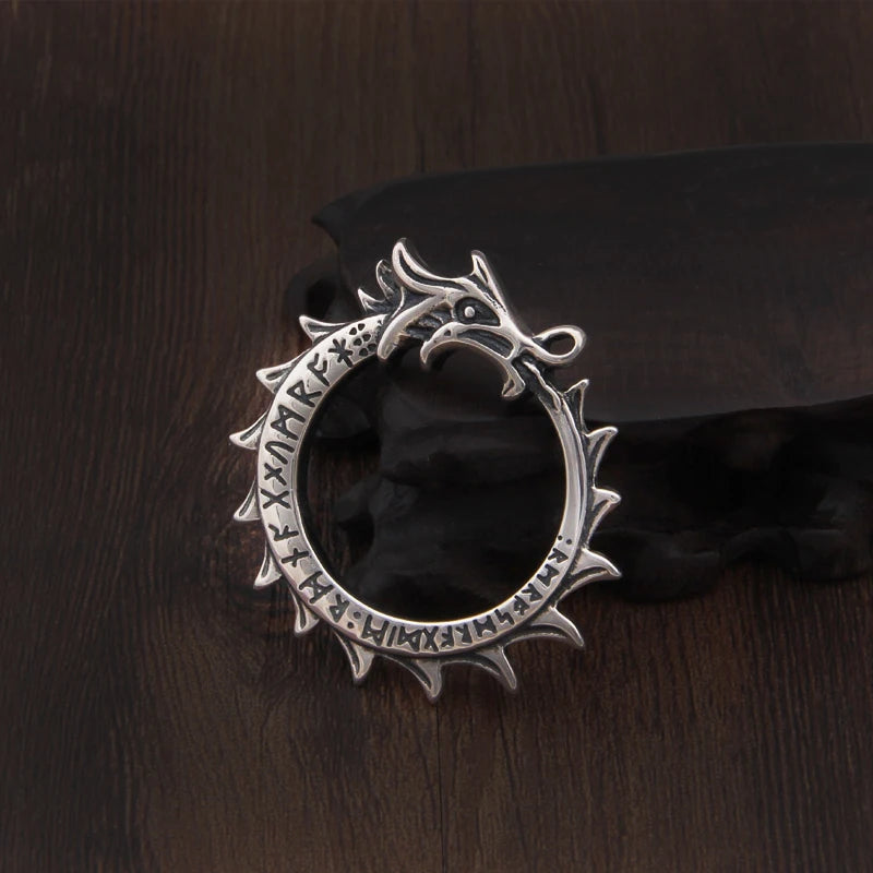 Ouroboros pendant in sterling silver, engraved with Elder Futhark runes.