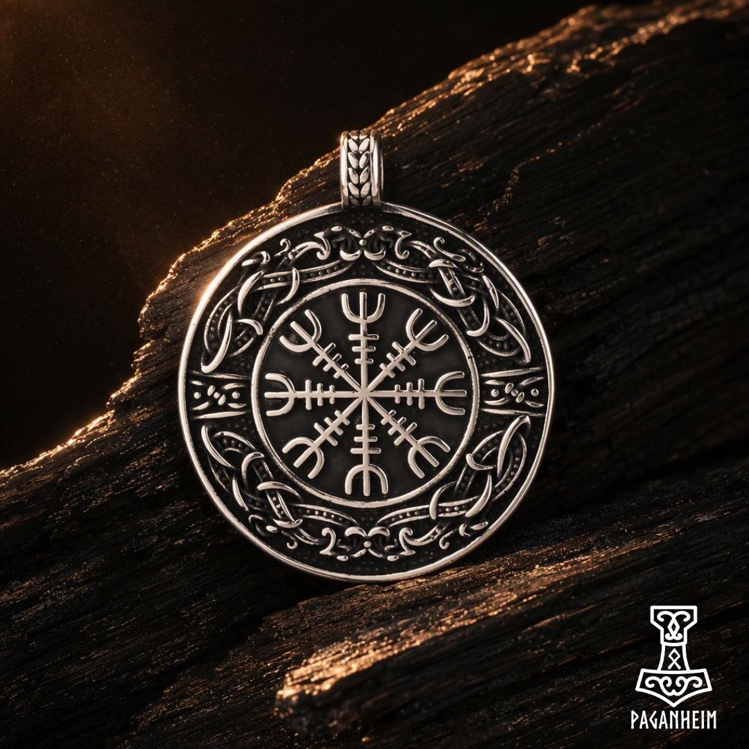 Norse amulet featuring Ægishjálmr symbol and Mammen‑style border