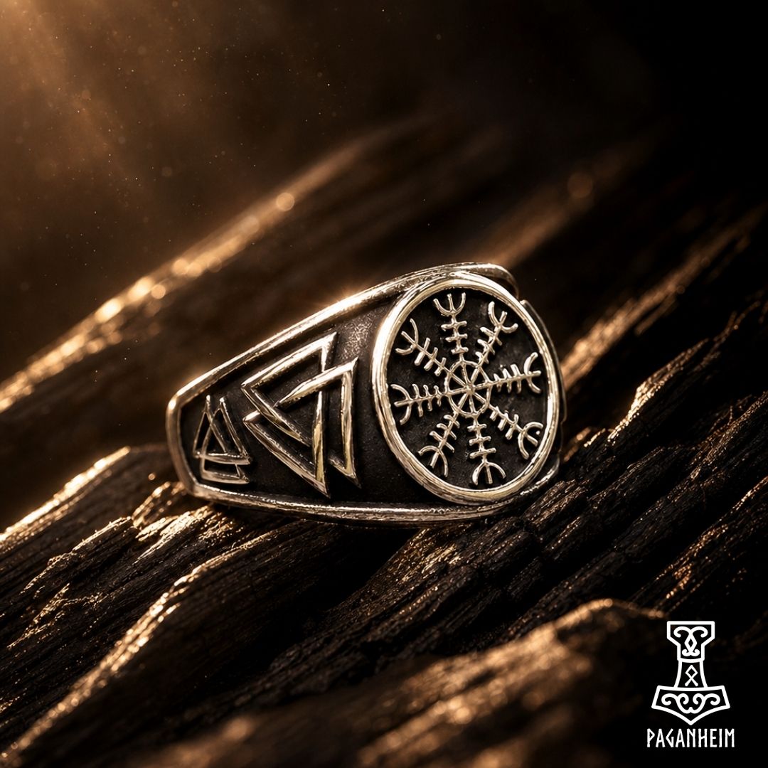 Norse Ægishjálmr ring resting on wooden surface