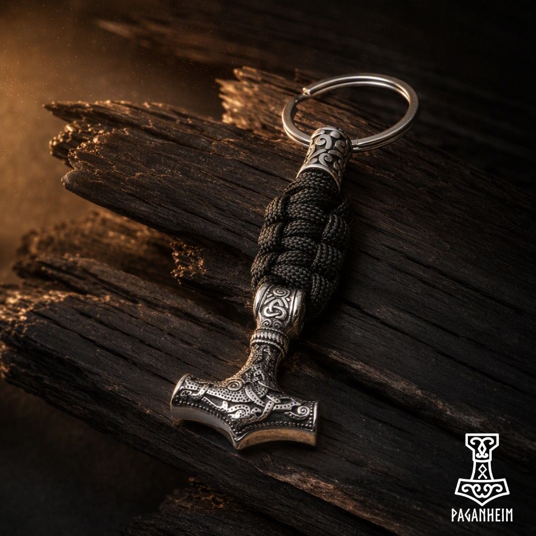 Mjölnir keychains featuring braided paracord and engraved metalwork
