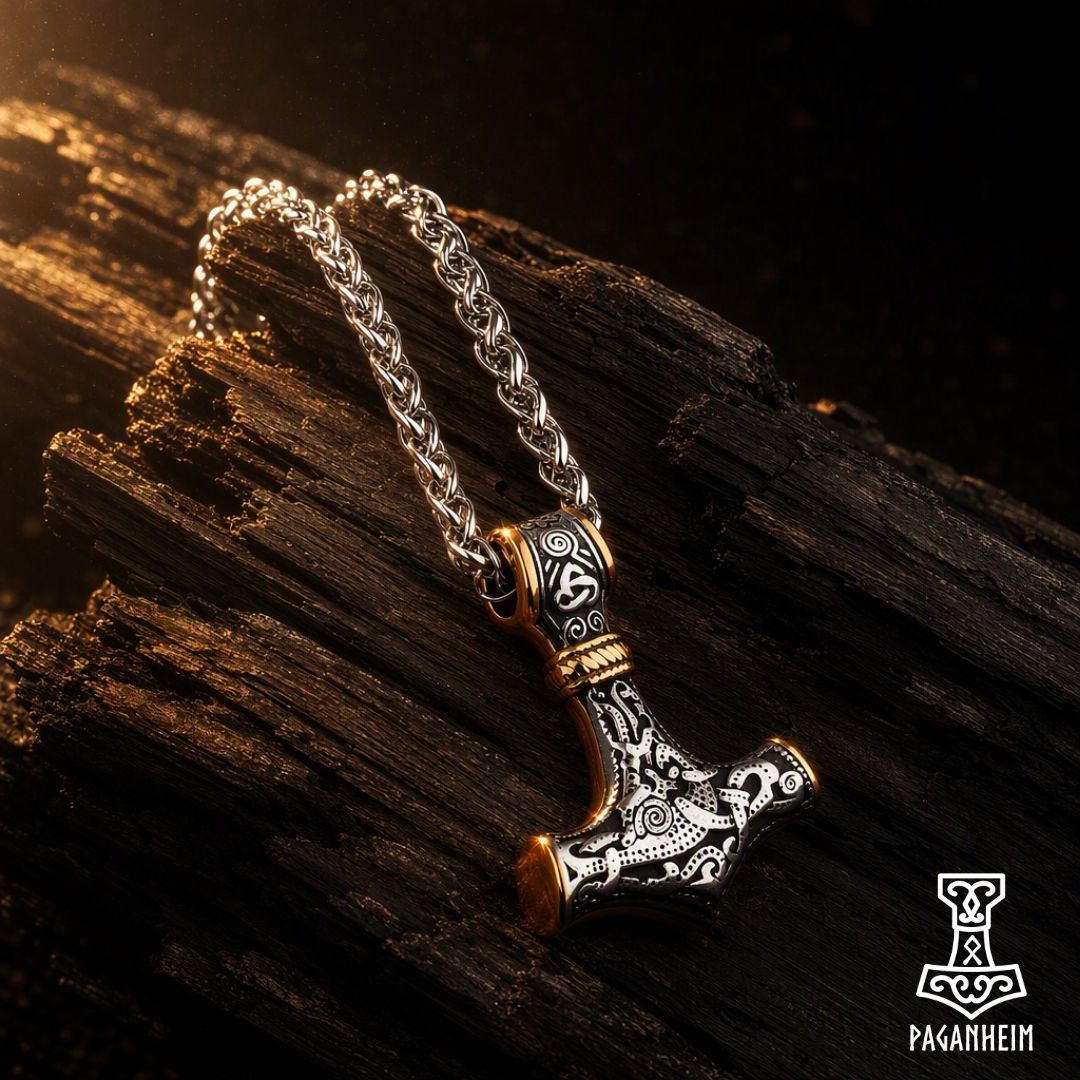 Norse Mjölnir necklace featuring intricate Mammen‑style ornamentation