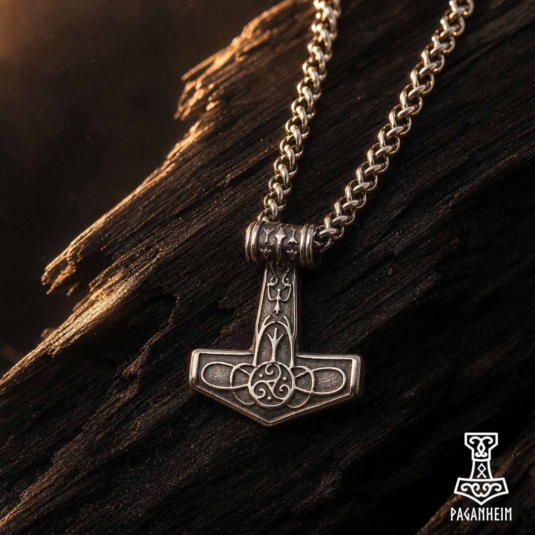 Triquetra and Algiz rune pendant resting on wooden surface under warm light