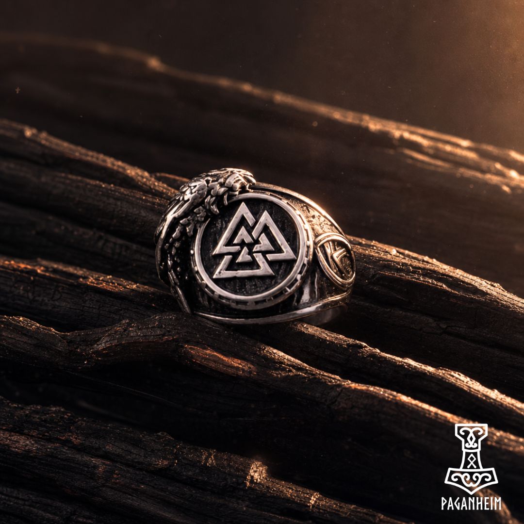 Norse Pagan Raven Valknut Ring