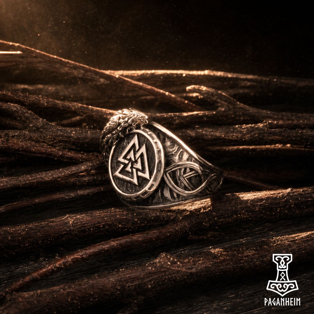 Norse Pagan Raven Valknut Ring
