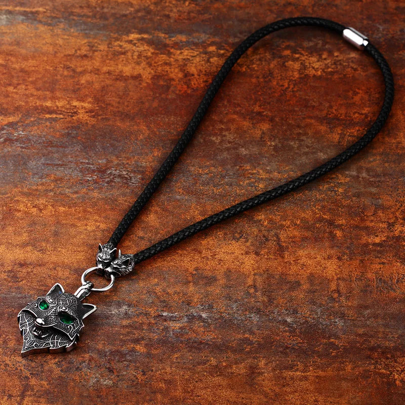 Fenrir's Oath - Green Eyed Wolf Face Leather Viking Necklace  The Pagan Trader   