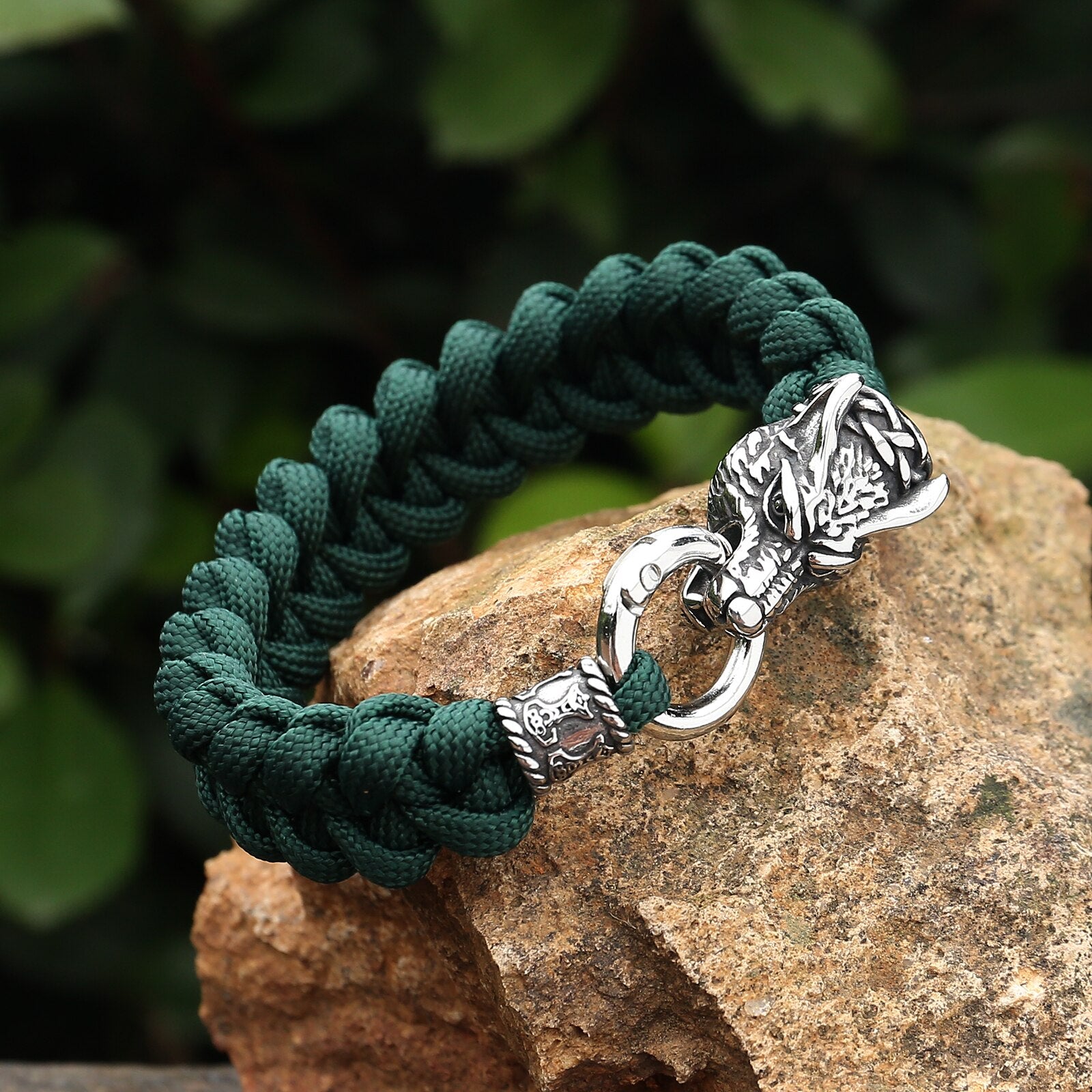 Fenrir Mjölnir Bead Paracord Handwoven Bracelet  The Pagan Trader Green 21cm 