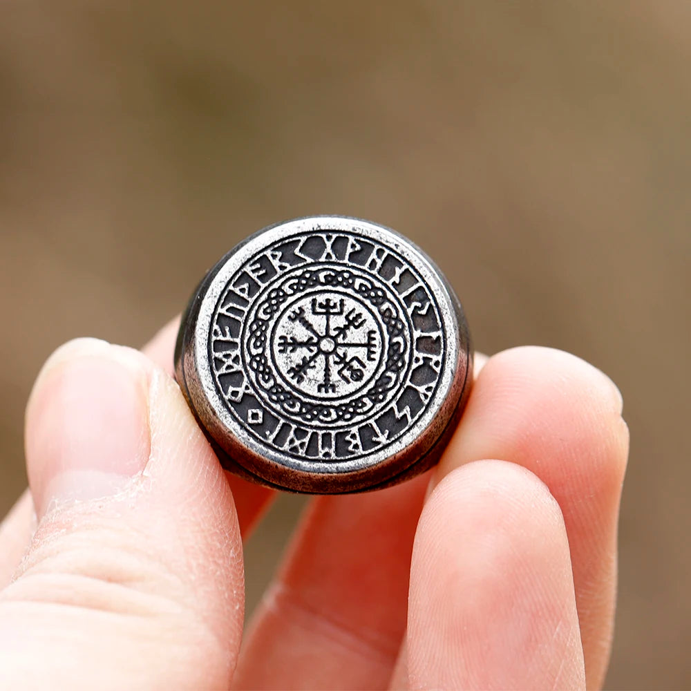 Raven Engraved Vegvísir Rune Icelandic Viking Ring  The Pagan Trader   