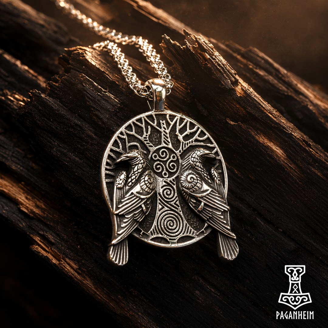 Closeup of textured Norse pendant with ravens and tree design