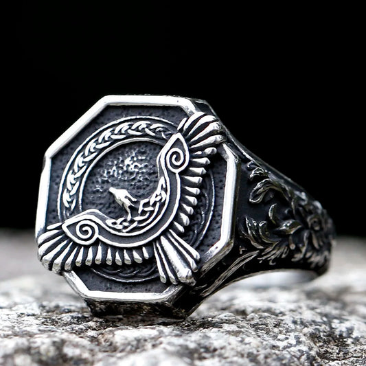 Silver ring with Viking-inspired etching of a raven in flight