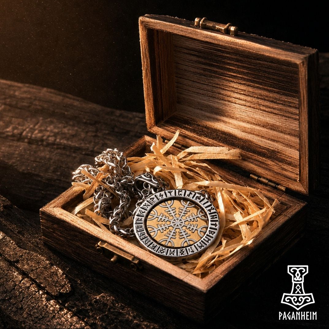 Ægishjálmr pendant with gold centre and runic silver border resting on dark wood