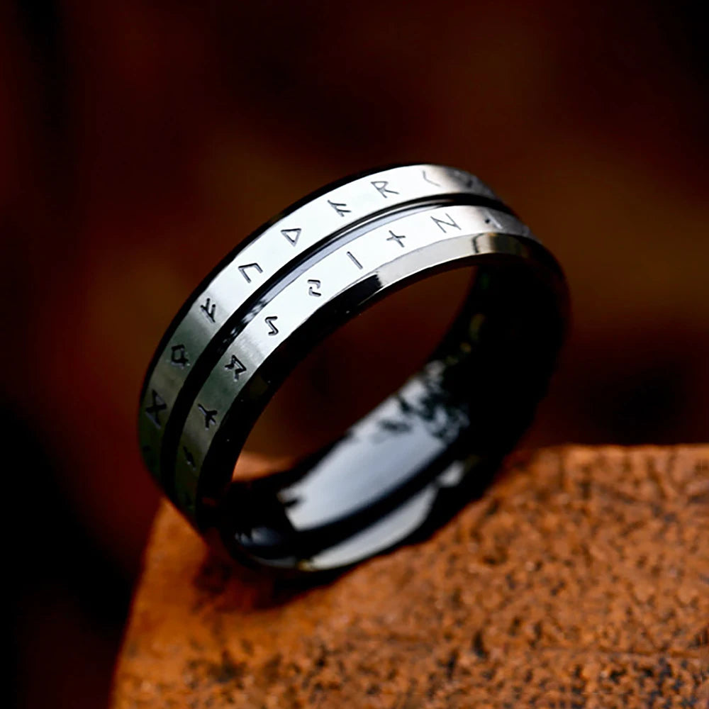 Viking rune ring in black, blue, and gold finishes