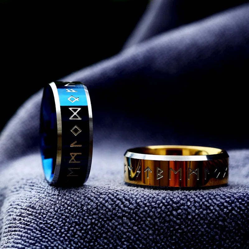 Modern stainless steel blue ring with runic symbols