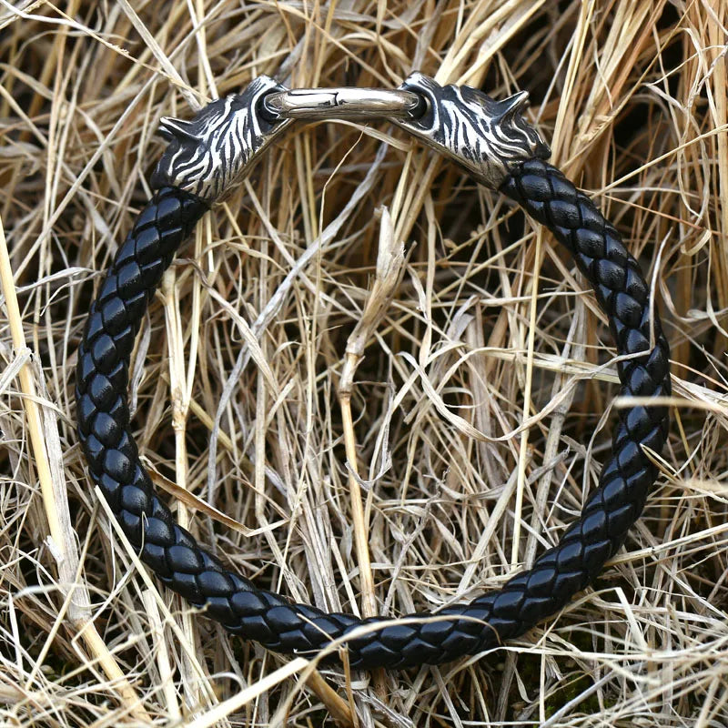 Wolf Head Leather Rope Norse Viking Bracelet  The Pagan Trader   