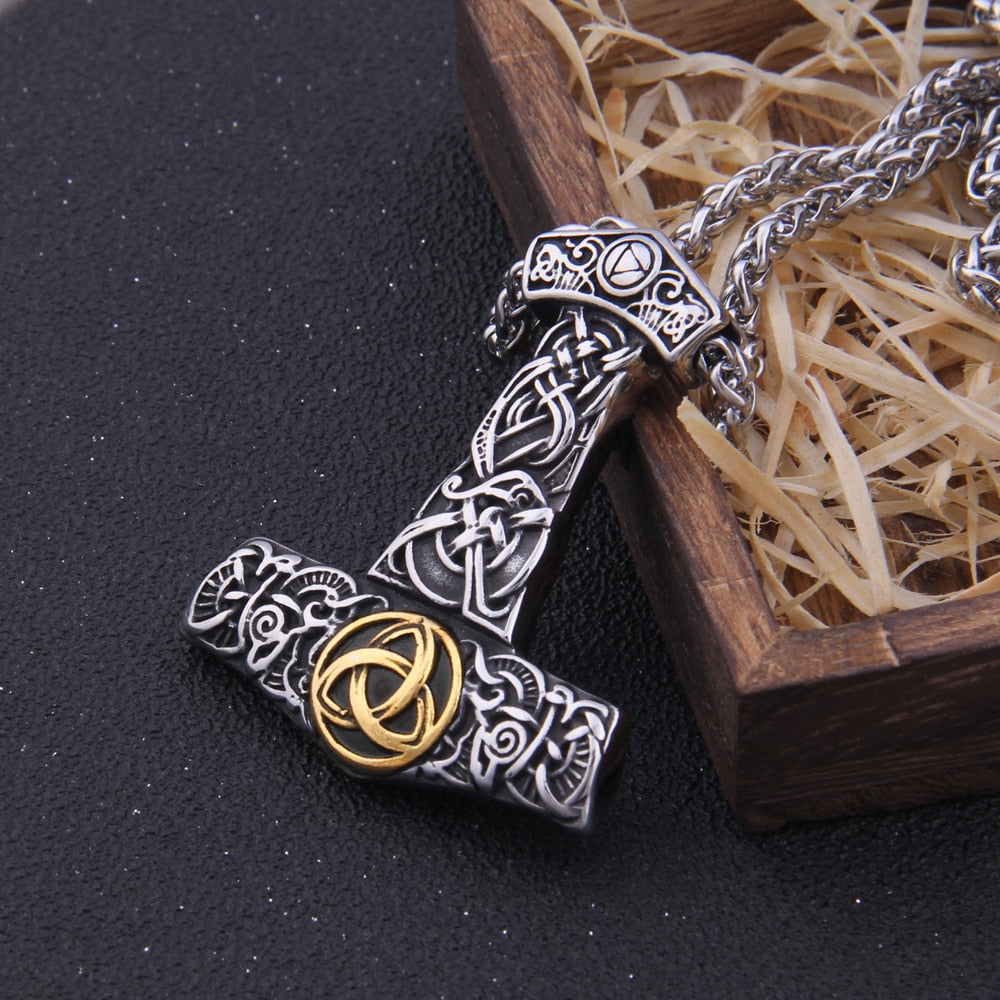 Triquetra Mjölnir - Gold & Silver Nordic Urnes Art Engraved Thor's Hammer 0 The Pagan Trader   