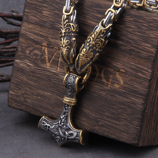 Intricate Silver and Gold Mjolnir Amulet on Byzantine Chain - Norse Jewelry.