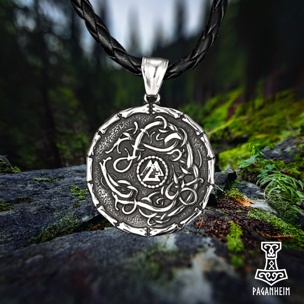 Viking Valknut shield necklace with Urnes serpent designs
