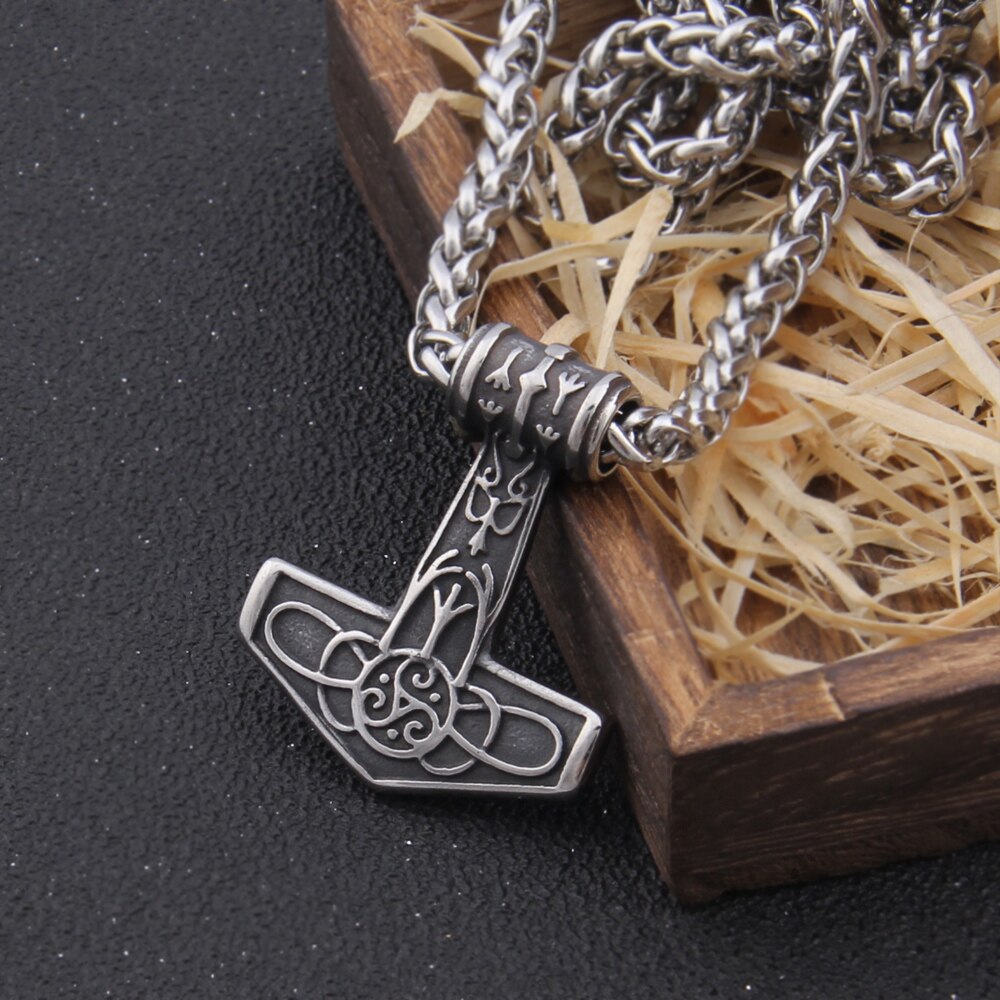 Triquetra Algiz Mjölnir - Rune Engraved Odin Thor's Hammer Viking Amulet 0 The Pagan Trader Silver 50cm 