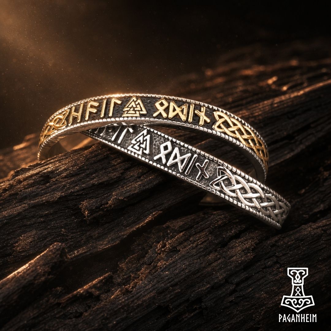 Silver and gold bangles, embossed with the Valknut, Web of Wyrd, and runes. Wooden background.