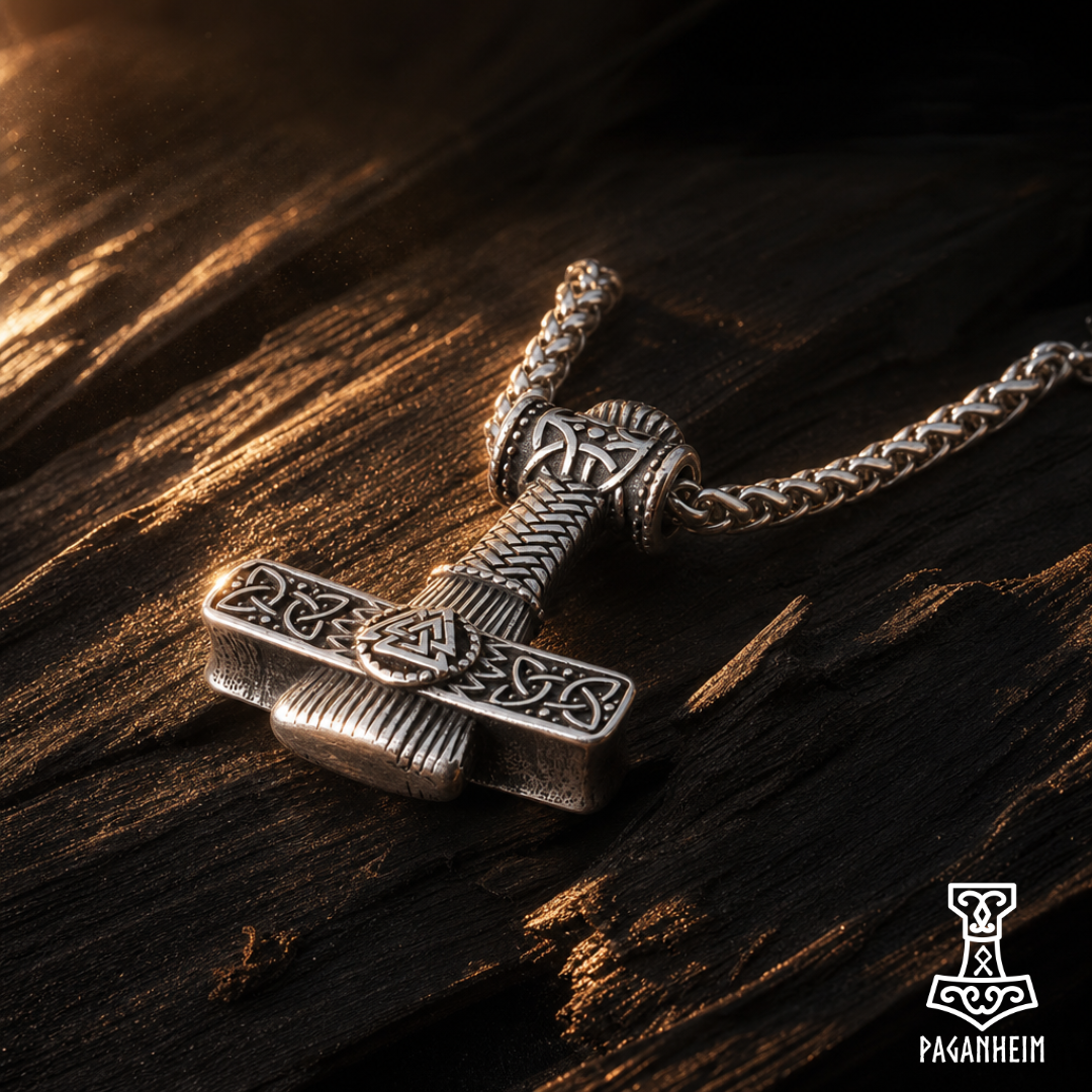Pendant shaped like Thor’s hammer featuring Valknut and knotwork engravings