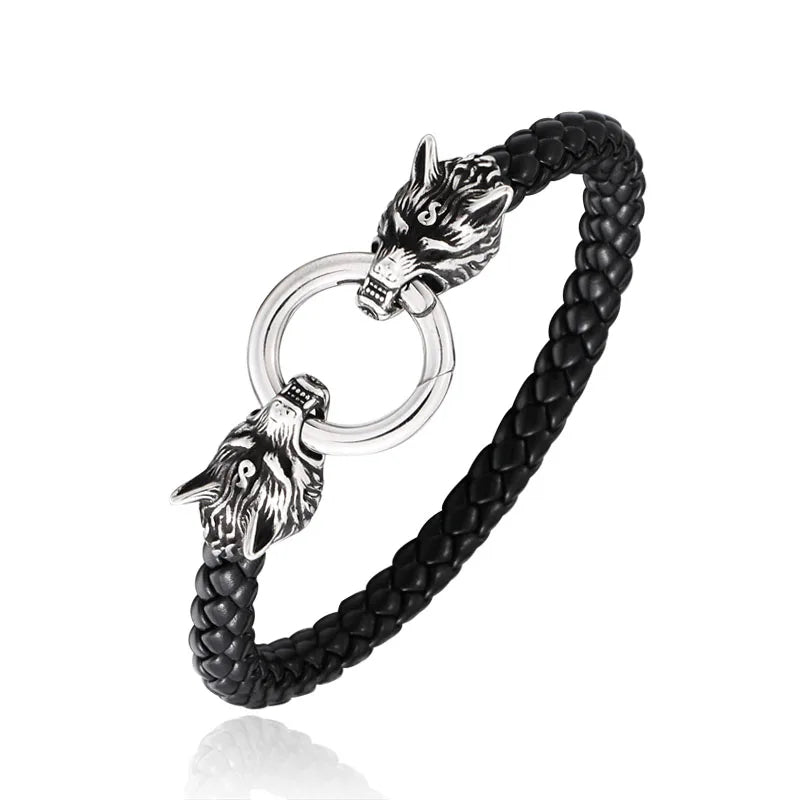 Wolf Head Leather Rope Norse Viking Bracelet  The Pagan Trader Big Style 18cm 