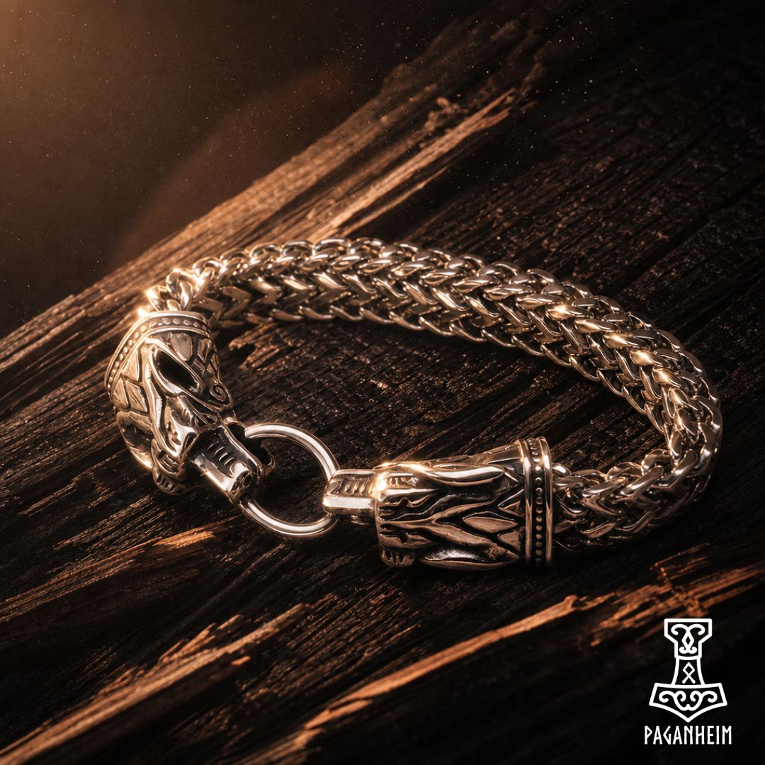 Silver bracelet featuring twin wolf heads clasping a ring