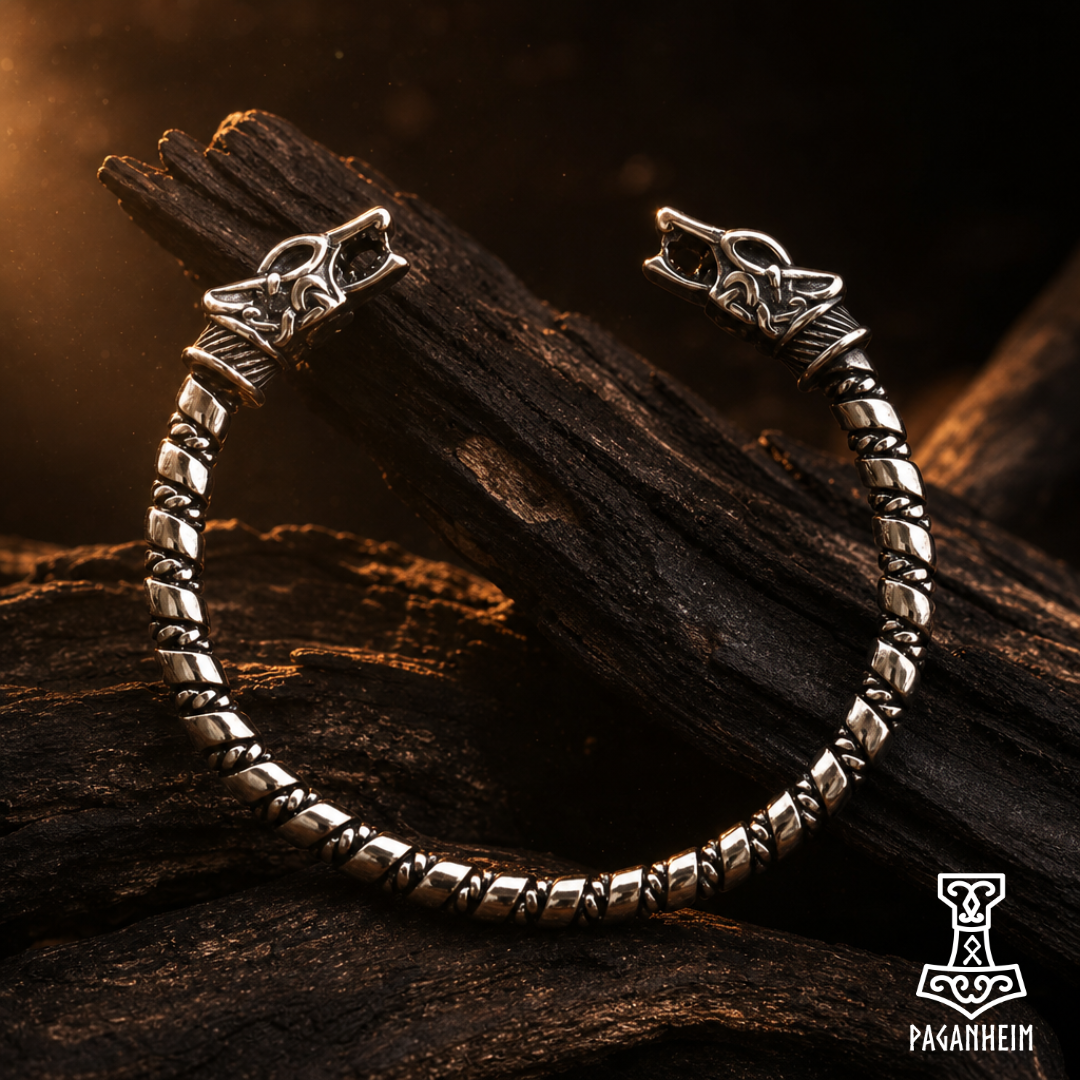 Full shot view of a wolf-headed arm ring, inspired by Viking-age jewelry, wooden background.