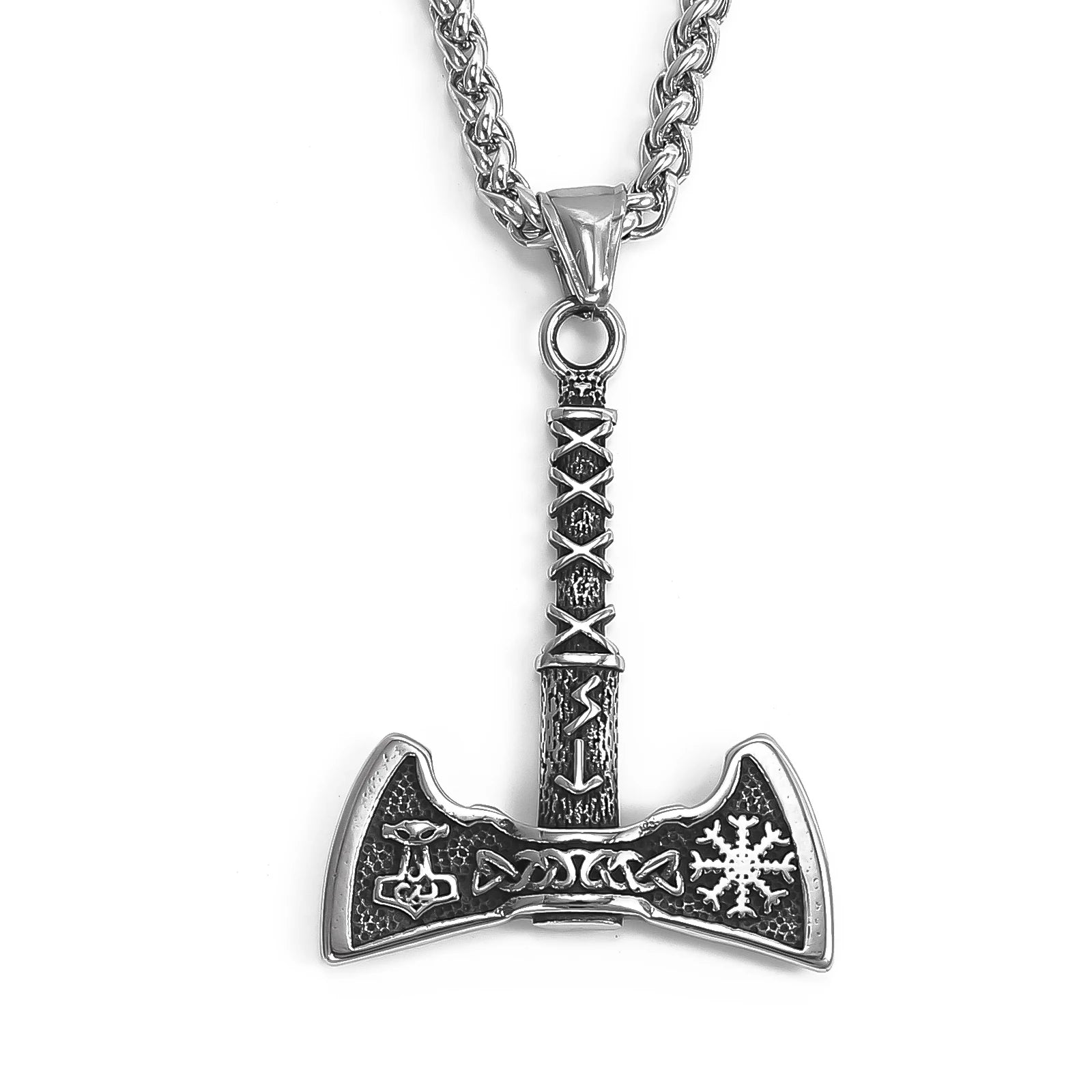 Stainless steel axe pendant with Norse symbols and runes