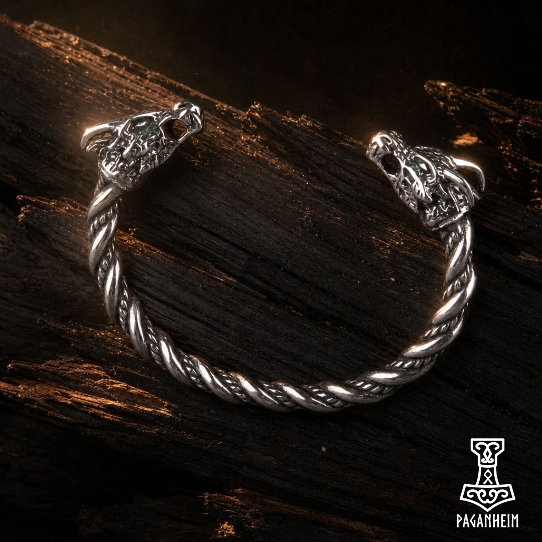 Norse pagan arm ring featuring stylised dragon heads at each end