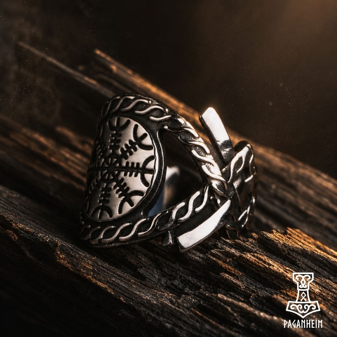 Closeup of stainless steel ring with engraved spear and rune motifs