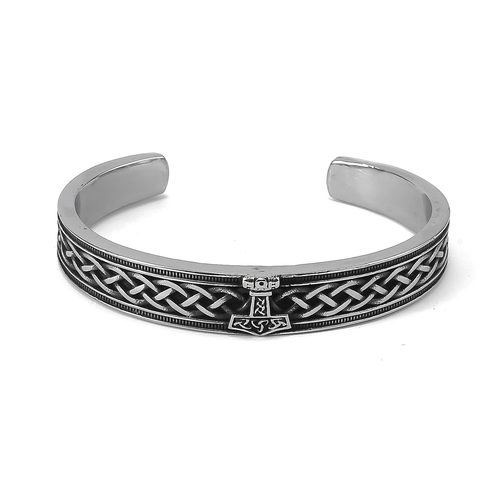 Norse bangle with engraved Web of Wyrd design and central Mjölnir symbol.