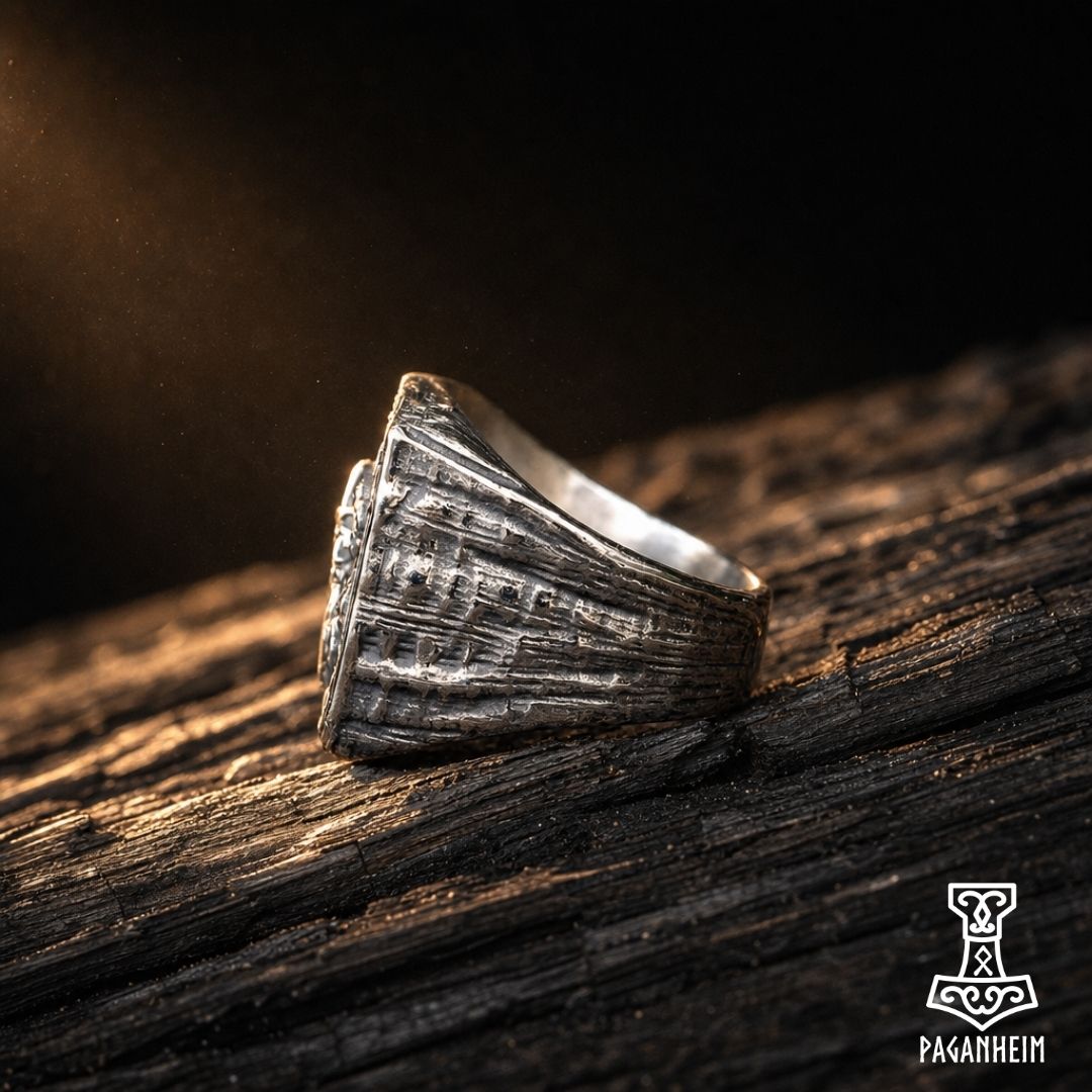 Stainless steel ring depicting Odin flanked by his ravens