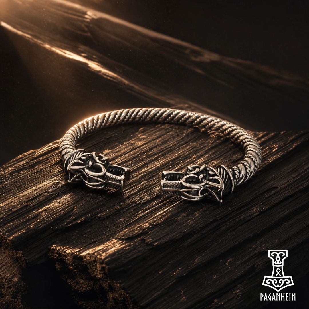 Stainless steel bracelet with Norse wolf head design and spiral detailing