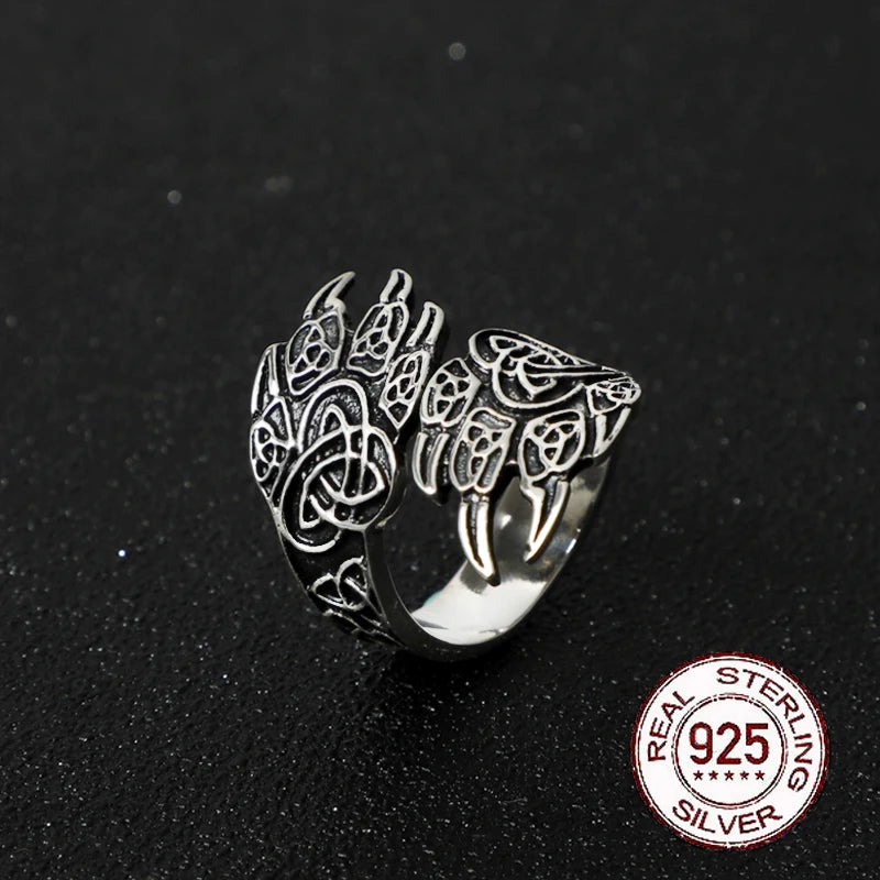 Sterling silver bear claw ring with Celtic knot design