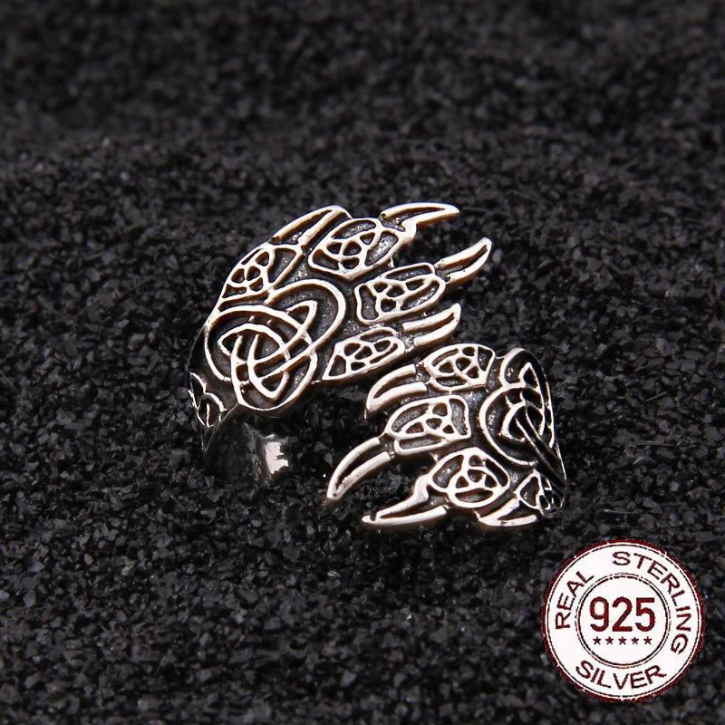 Sterling silver adjustable bear claw ring with Celtic art