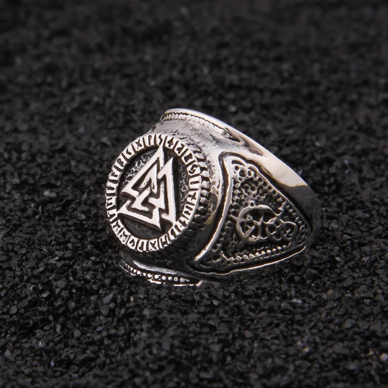 Sterling silver ring with a Valknut symbol and Elder Futhark runes.