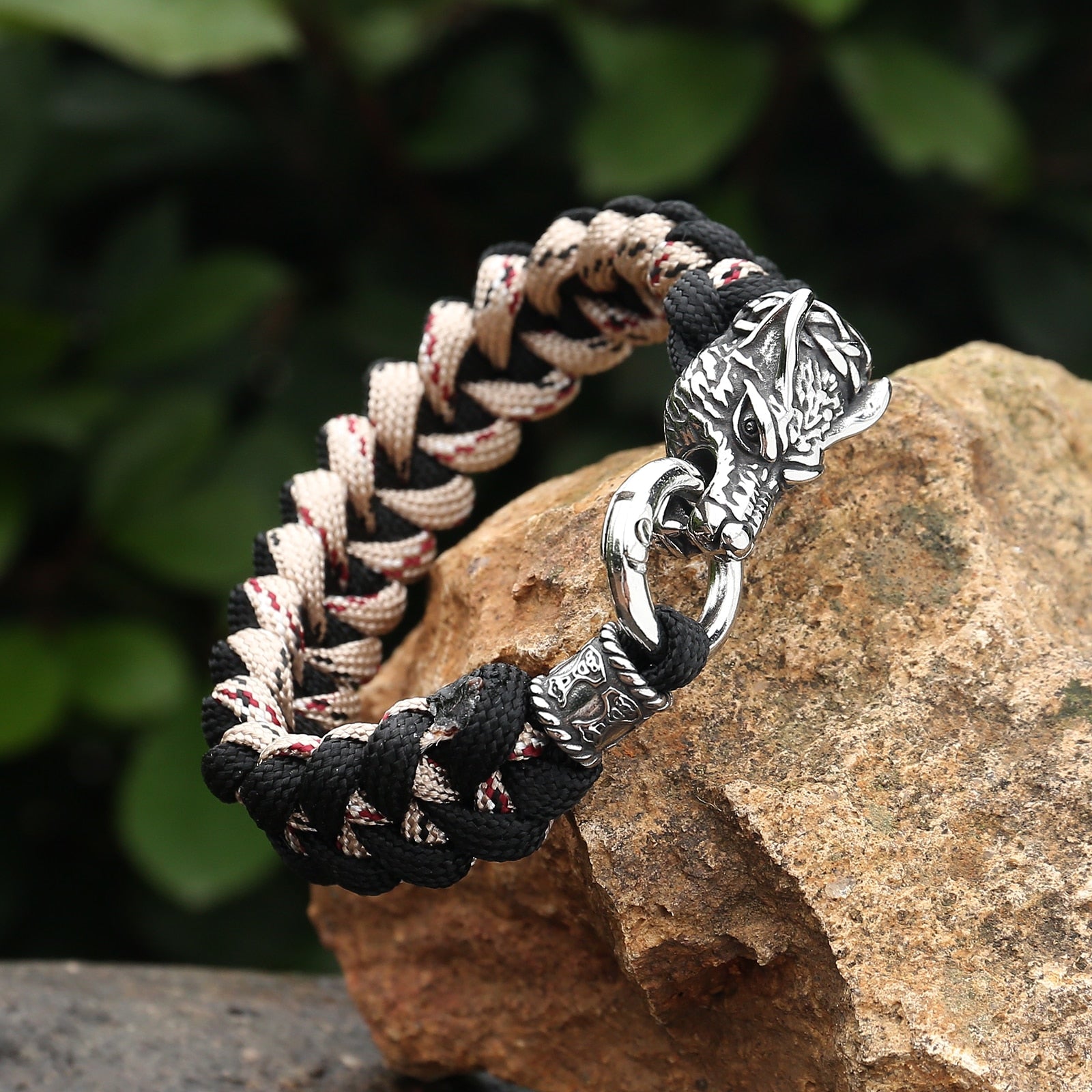 Fenrir Mjölnir Bead Paracord Handwoven Bracelet  The Pagan Trader Black & Beige 21cm 