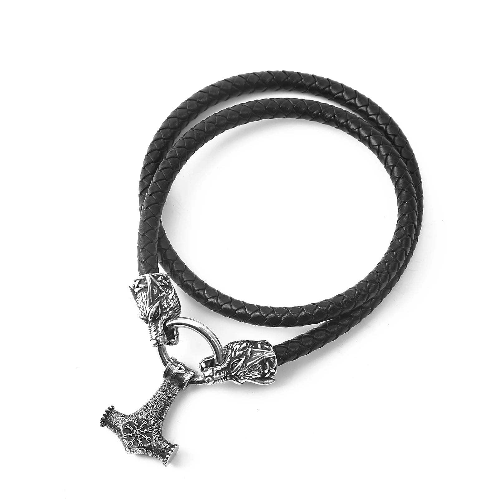 Wolf head clasps on leather cord for Norse mythology pendant