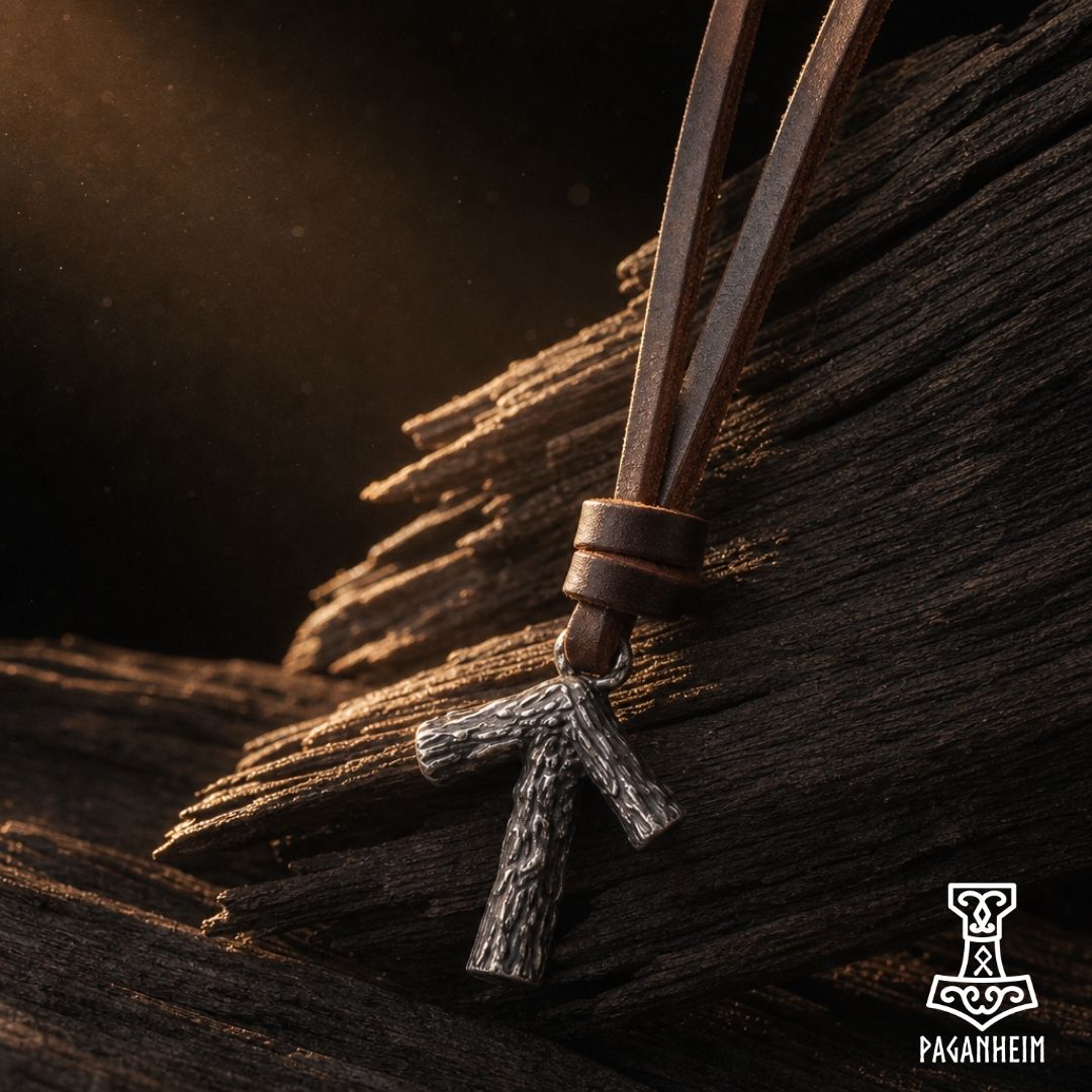 Tiwaz rune pendant on an adjustable leather necklace.