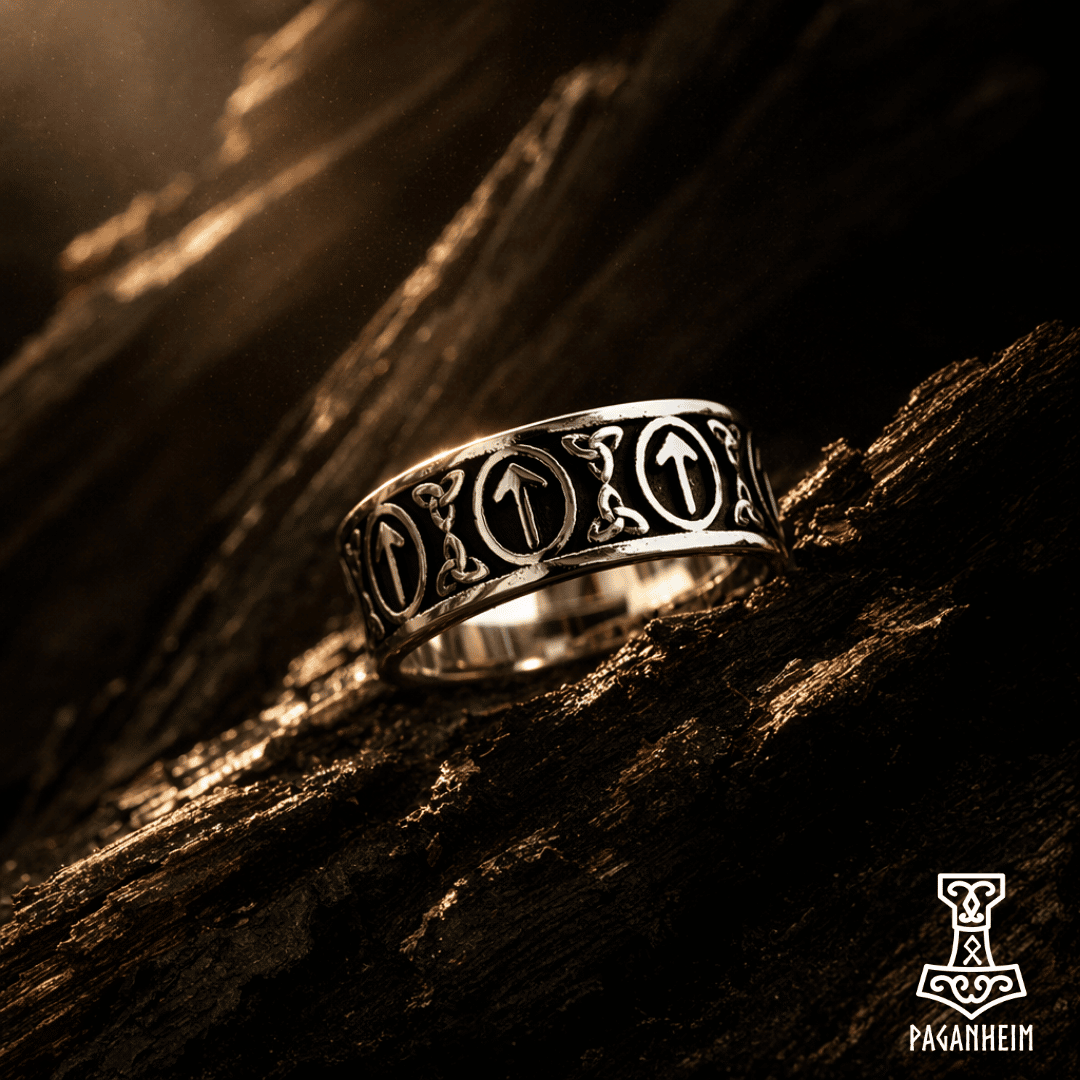 Closeup of polished rune ring showing Germanic and Celtic design elements
