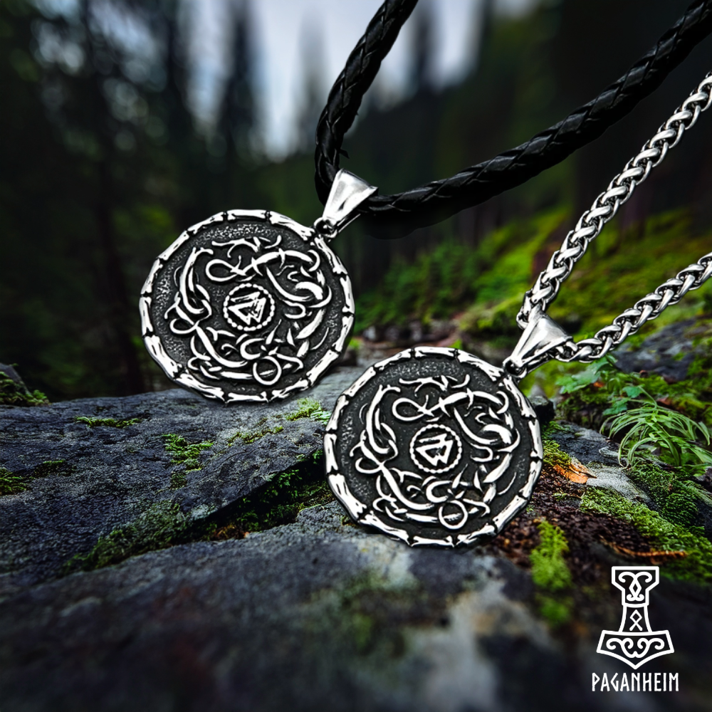 Urnes style Valknut shield pendant with serpent motifs
