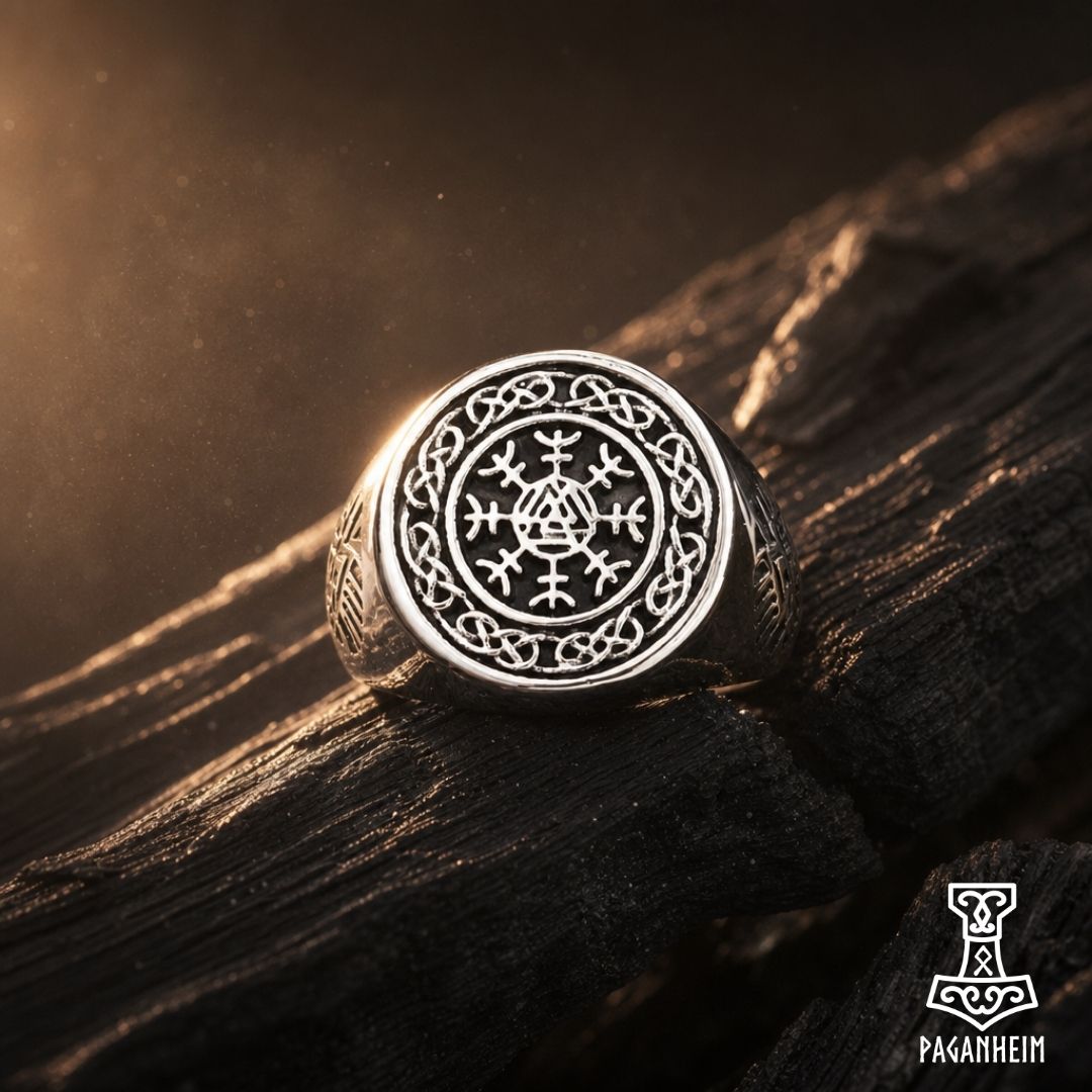 Ring featuring Helm of Awe symbol surrounded by knotwork border