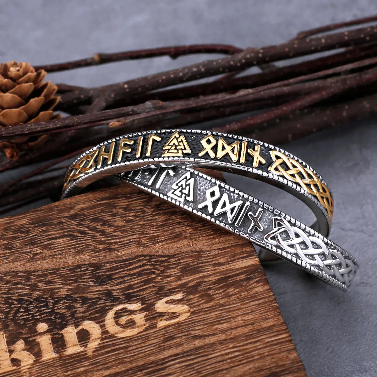 Front view of the Valknut bangle with Elder Futhark runes.