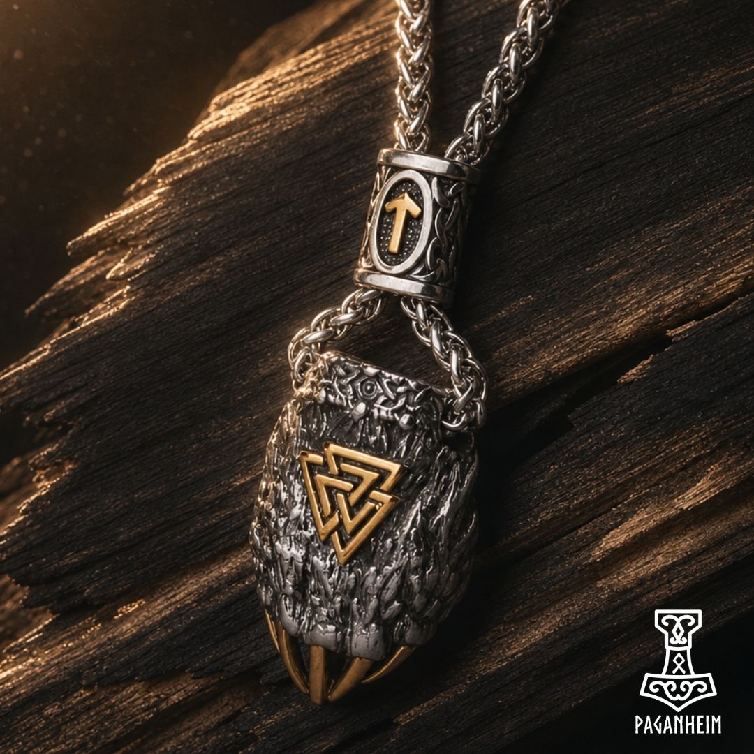 Bear claw pendant with Valknut symbol resting on dark wood