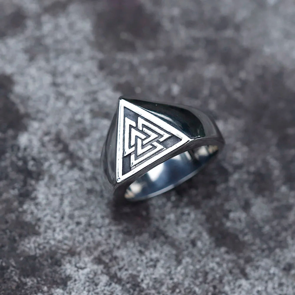 Stainless steel ring with Valknut symbol and smooth silver finish