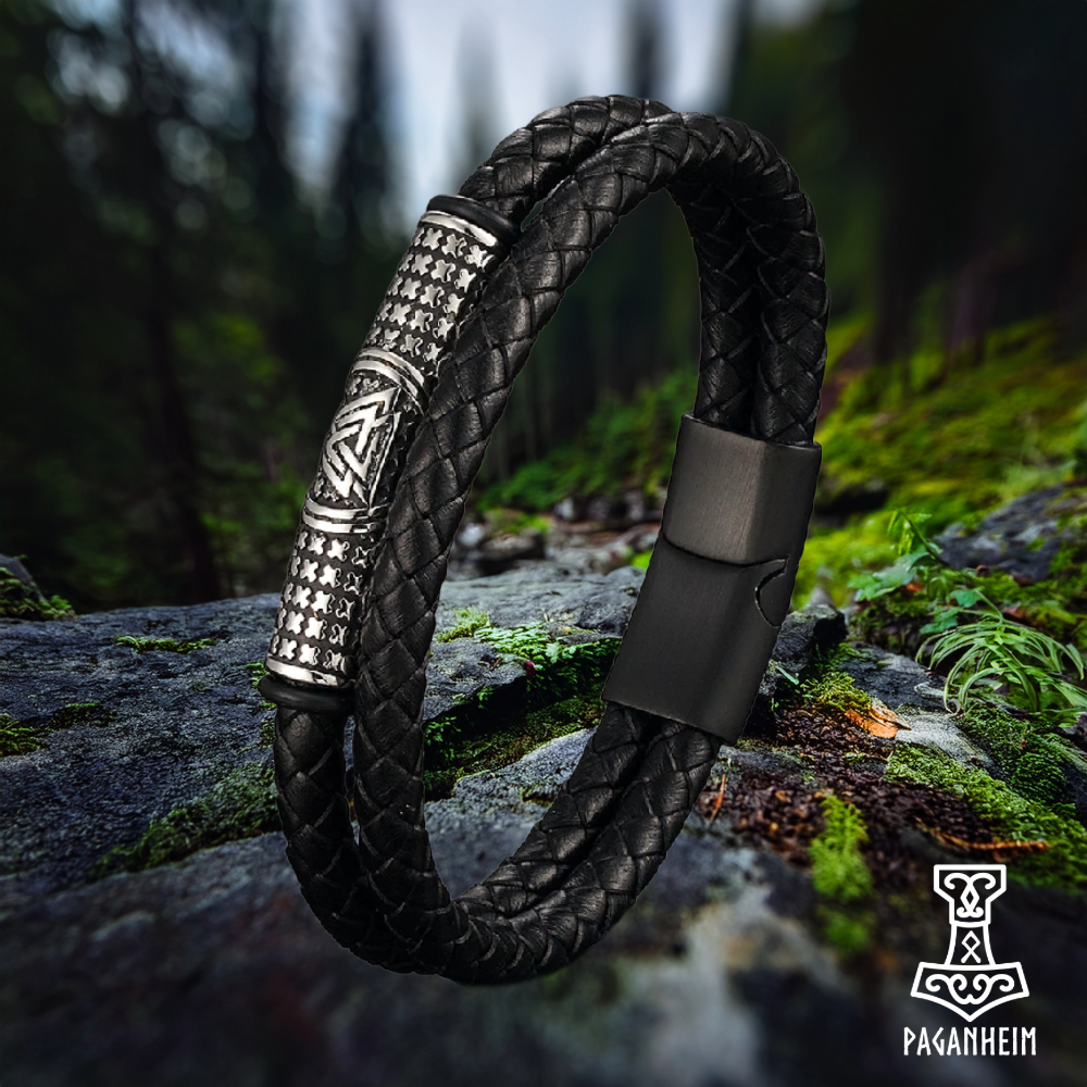 Leather rope bracelet with stainless steel Valknut clasp.